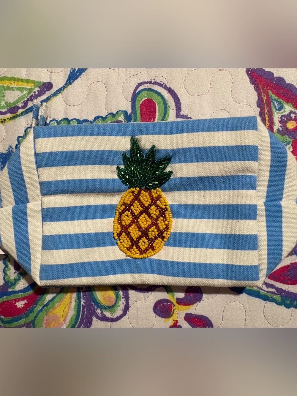 Blue & White Striped Cosmetic Pouch with Beaded Pineapple